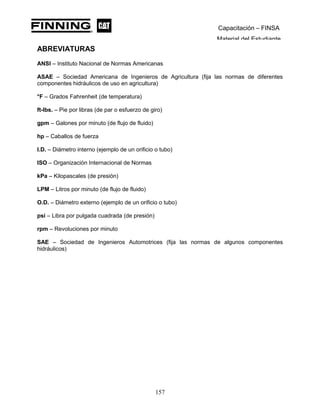 Capacitación – FINSA
Material del Estudiante
ABREVIATURAS
ANSI – Instituto Nacional de Normas Americanas
ASAE – Sociedad Americana de Ingenieros de Agricultura (fija las normas de diferentes
componentes hidráulicos de uso en agricultura)
°F – Grados Fahrenheit (de temperatura)
ft-lbs. – Pie por libras (de par o esfuerzo de giro)
gpm – Galones por minuto (de flujo de fluido)
hp – Caballos de fuerza
I.D. – Diámetro interno (ejemplo de un orificio o tubo)
ISO – Organización Internacional de Normas
kPa – Kilopascales (de presión)
LPM – Litros por minuto (de flujo de fluido)
O.D. – Diámetro externo (ejemplo de un orificio o tubo)
psi – Libra por pulgada cuadrada (de presión)
rpm – Revoluciones por minuto
SAE – Sociedad de Ingenieros Automotrices (fija las normas de algunos componentes
hidráulicos)
157
 