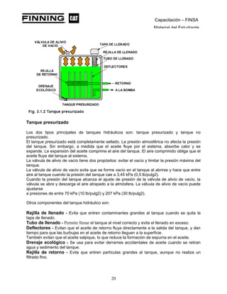 Capacitación – FINSA
Material del Estudiante
Tanque presurizado
Los dos tipos principales de tanques hidráulicos son: tanque presurizado y tanque no
presurizado.
El tanque presurizado está completamente sellado. La presión atmosférica no afecta la presión
del tanque. Sin embargo, a medida que el aceite fluye por el sistema, absorbe calor y se
expande. La expansión del aceite comprime el aire del tanque. El aire comprimido obliga que el
aceite fluya del tanque al sistema.
La válvula de alivio de vacío tiene dos propósitos: evitar el vacío y limitar la presión máxima del
tanque.
La válvula de alivio de vacío evita que se forme vacío en el tanque al abrirse y hace que entre
aire al tanque cuando la presión del tanque cae a 3,45 kPa (0,5 lb/pulg2).
Cuando la presión del tanque alcanza el ajuste de presión de la válvula de alivio de vacío, la
válvula se abre y descarga el aire atrapado a la atmósfera. La válvula de alivio de vacío puede
ajustarse
a presiones de entre 70 kPa (10 lb/pulg2) y 207 kPa (30 lb/pulg2).
Otros componentes del tanque hidráulico son:
Rejilla de llenado - Evita que entren contaminantes grandes al tanque cuando se quita la
tapa de llenado.
Tubo de llenado - Permite llenar el tanque al nivel correcto y evita el llenado en exceso.
Deflectores - Evitan que el aceite de retorno fluya directamente a la salida del tanque, y dan
tiempo para que las burbujas en el aceite de retorno lleguen a la superficie.
También evitan que el aceite salpique, lo que reduce la formación de espuma en el aceite.
Drenaje ecológico - Se usa para evitar derrames accidentales de aceite cuando se retiran
agua y sedimento del tanque.
Rejilla de retorno - Evita que entren partículas grandes al tanque, aunque no realiza un
filtrado fino.
20
 