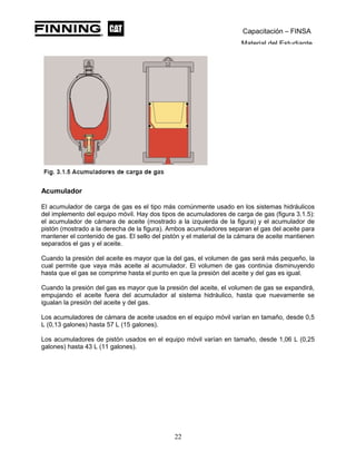 Capacitación – FINSA
Material del Estudiante
Acumulador
El acumulador de carga de gas es el tipo más comúnmente usado en los sistemas hidráulicos
del implemento del equipo móvil. Hay dos tipos de acumuladores de carga de gas (figura 3.1.5):
el acumulador de cámara de aceite (mostrado a la izquierda de la figura) y el acumulador de
pistón (mostrado a la derecha de la figura). Ambos acumuladores separan el gas del aceite para
mantener el contenido de gas. El sello del pistón y el material de la cámara de aceite mantienen
separados el gas y el aceite.
Cuando la presión del aceite es mayor que la del gas, el volumen de gas será más pequeño, la
cual permite que vaya más aceite al acumulador. El volumen de gas continúa disminuyendo
hasta que el gas se comprime hasta el punto en que la presión del aceite y del gas es igual.
Cuando la presión del gas es mayor que la presión del aceite, el volumen de gas se expandirá,
empujando el aceite fuera del acumulador al sistema hidráulico, hasta que nuevamente se
igualan la presión del aceite y del gas.
Los acumuladores de cámara de aceite usados en el equipo móvil varían en tamaño, desde 0,5
L (0,13 galones) hasta 57 L (15 galones).
Los acumuladores de pistón usados en el equipo móvil varían en tamaño, desde 1,06 L (0,25
galones) hasta 43 L (11 galones).
22
 