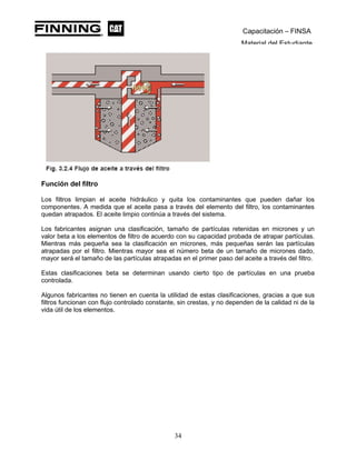 Capacitación – FINSA
Material del Estudiante
Función del filtro
Los filtros limpian el aceite hidráulico y quita los contaminantes que pueden dañar los
componentes. A medida que el aceite pasa a través del elemento del filtro, los contaminantes
quedan atrapados. El aceite limpio continúa a través del sistema.
Los fabricantes asignan una clasificación, tamaño de partículas retenidas en micrones y un
valor beta a los elementos de filtro de acuerdo con su capacidad probada de atrapar partículas.
Mientras más pequeña sea la clasificación en micrones, más pequeñas serán las partículas
atrapadas por el filtro. Mientras mayor sea el número beta de un tamaño de micrones dado,
mayor será el tamaño de las partículas atrapadas en el primer paso del aceite a través del filtro.
Estas clasificaciones beta se determinan usando cierto tipo de partículas en una prueba
controlada.
Algunos fabricantes no tienen en cuenta la utilidad de estas clasificaciones, gracias a que sus
filtros funcionan con flujo controlado constante, sin crestas, y no dependen de la calidad ni de la
vida útil de los elementos.
34
 