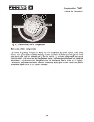 Capacitación – FINSA
Material del Estudiante
Bomba de paletas compensada
La bomba de paletas compensada tiene un anillo excéntrico de forma elíptica. Esta forma
elíptica hace que la distancia entre el rotor y el anillo excéntrico aumente y disminuya dos veces
cada revolución. Las dos entradas (1) y las dos salidas (2) opuestas compensan las fuerzas
contra el rotor. Este diseño no requiere grandes cajas y cojinetes para mantener las piezas en
movimiento. La presión máxima de operación de las bombas de paletas es de 4.000 lb/pulg2.
Las bombas de paletas usadas en sistemas hidráulicos de equipos móviles tienen una presión
máxima de operación de 3.300 lb/pulg2 o menos.
54
 