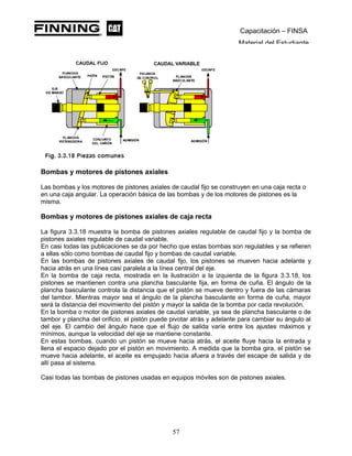 Capacitación – FINSA
Material del Estudiante
Bombas y motores de pistones axiales
Las bombas y los motores de pistones axiales de caudal fijo se construyen en una caja recta o
en una caja angular. La operación básica de las bombas y de los motores de pistones es la
misma.
Bombas y motores de pistones axiales de caja recta
La figura 3.3.18 muestra la bomba de pistones axiales regulable de caudal fijo y la bomba de
pistones axiales regulable de caudal variable.
En casi todas las publicaciones se da por hecho que estas bombas son regulables y se refieren
a ellas sólo como bombas de caudal fijo y bombas de caudal variable.
En las bombas de pistones axiales de caudal fijo, los pistones se mueven hacia adelante y
hacia atrás en una línea casi paralela a la línea central del eje.
En la bomba de caja recta, mostrada en la ilustración a la izquierda de la figura 3.3.18, los
pistones se mantienen contra una plancha basculante fija, en forma de cuña. El ángulo de la
plancha basculante controla la distancia que el pistón se mueve dentro y fuera de las cámaras
del tambor. Mientras mayor sea el ángulo de la plancha basculante en forma de cuña, mayor
será la distancia del movimiento del pistón y mayor la salida de la bomba por cada revolución.
En la bomba o motor de pistones axiales de caudal variable, ya sea de plancha basculante o de
tambor y plancha del orificio, el pistón puede pivotar atrás y adelante para cambiar su ángulo al
del eje. El cambio del ángulo hace que el flujo de salida varíe entre los ajustes máximos y
mínimos, aunque la velocidad del eje se mantiene constante.
En estas bombas, cuando un pistón se mueve hacia atrás, el aceite fluye hacia la entrada y
llena el espacio dejado por el pistón en movimiento. A medida que la bomba gira, el pistón se
mueve hacia adelante, el aceite es empujado hacia afuera a través del escape de salida y de
allí pasa al sistema.
Casi todas las bombas de pistones usadas en equipos móviles son de pistones axiales.
57
 