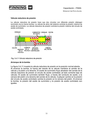 Capacitación – FINSA
Material del Estudiante
Válvula reductora de presión
La válvula reductora de presión hace que dos circuitos con diferente presión obtengan
suministro de la misma bomba. La válvula de alivio del sistema controla la presión máxima de
aceite de suministro. La válvula reductora de presión controla la presión máxima del circuito de
aceite controlado.
Arranque de la bomba
La figura 3.4.11 muestra la válvula reductora de presión en la posición normal abierta.
Al arrancar la bomba, la fuerza del resorte de la válvula mantiene el carrete de la
válvula y el pistón a la derecha. El aceite de suministro fluye alrededor del carrete de la
válvula reductora de presión al circuito de aceite controlado (al lado corriente bajo de
válvula). El aceite de suministro también fluye, a través del conducto de aceite, a la
cámara del pistón a la derecha del carrete de la válvula. Cualquier cambio en la presión
del circuito de aceite controlado cambia la presión en la cámara del pistón. Al arrancar
la bomba, la presión del aceite de suministro y la presión de aceite controlado son
iguales.
77
 