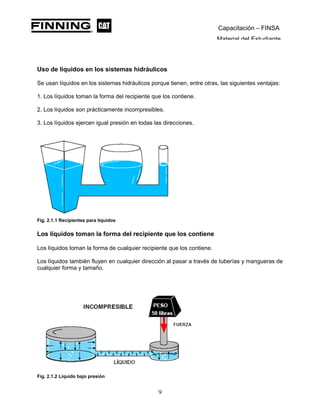 Capacitación – FINSA
Material del Estudiante
Uso de líquidos en los sistemas hidráulicos
Se usan líquidos en los sistemas hidráulicos porque tienen, entre otras, las siguientes ventajas:
1. Los líquidos toman la forma del recipiente que los contiene.
2. Los líquidos son prácticamente incompresibles.
3. Los líquidos ejercen igual presión en todas las direcciones.
Fig. 2.1.1 Recipientes para líquidos
Los líquidos toman la forma del recipiente que los contiene
Los líquidos toman la forma de cualquier recipiente que los contiene.
Los líquidos también fluyen en cualquier dirección al pasar a través de tuberías y mangueras de
cualquier forma y tamaño.
Fig. 2.1.2 Líquido bajo presión
9
 
