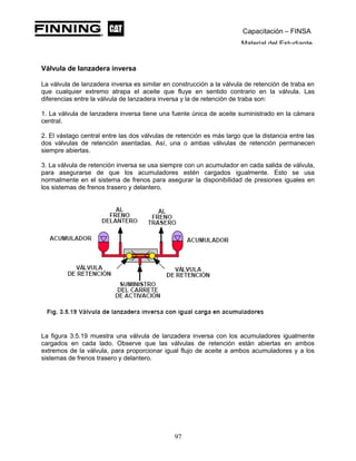 Capacitación – FINSA
Material del Estudiante
Válvula de lanzadera inversa
La válvula de lanzadera inversa es similar en construcción a la válvula de retención de traba en
que cualquier extremo atrapa el aceite que fluye en sentido contrario en la válvula. Las
diferencias entre la válvula de lanzadera inversa y la de retención de traba son:
1. La válvula de lanzadera inversa tiene una fuente única de aceite suministrado en la cámara
central.
2. El vástago central entre las dos válvulas de retención es más largo que la distancia entre las
dos válvulas de retención asentadas. Así, una o ambas válvulas de retención permanecen
siempre abiertas.
3. La válvula de retención inversa se usa siempre con un acumulador en cada salida de válvula,
para asegurarse de que los acumuladores estén cargados igualmente. Esto se usa
normalmente en el sistema de frenos para asegurar la disponibilidad de presiones iguales en
los sistemas de frenos trasero y delantero.
La figura 3.5.19 muestra una válvula de lanzadera inversa con los acumuladores igualmente
cargados en cada lado. Observe que las válvulas de retención están abiertas en ambos
extremos de la válvula, para proporcionar igual flujo de aceite a ambos acumuladores y a los
sistemas de frenos trasero y delantero.
97
 