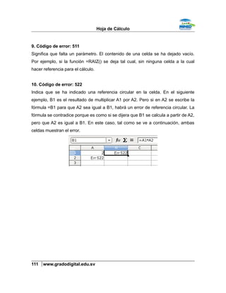 Hoja de Cálculo
9. Código de error: 511
Significa que falta un parámetro. El contenido de una celda se ha dejado vacío.
Por ejemplo, si la función =RAIZ() se deja tal cual, sin ninguna celda a la cual
hacer referencia para el cálculo.
10. Código de error: 522
Indica que se ha indicado una referencia circular en la celda. En el siguiente
ejemplo, B1 es el resultado de multiplicar A1 por A2. Pero si en A2 se escribe la
fórmula =B1 para que A2 sea igual a B1, habrá un error de referencia circular. La
fórmula se contradice porque es como si se dijera que B1 se calcula a partir de A2,
pero que A2 es igual a B1. En este caso, tal como se ve a continuación, ambas
celdas muestran el error.
111 www.gradodigital.edu.sv
 