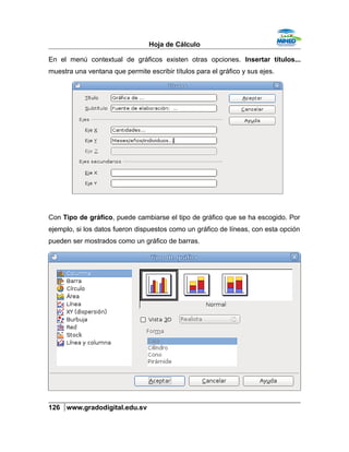 Hoja de Cálculo
En el menú contextual de gráficos existen otras opciones. Insertar títulos...
muestra una ventana que permite escribir títulos para el gráfico y sus ejes.
Con Tipo de gráfico, puede cambiarse el tipo de gráfico que se ha escogido. Por
ejemplo, si los datos fueron dispuestos como un gráfico de líneas, con esta opción
pueden ser mostrados como un gráfico de barras.
126 www.gradodigital.edu.sv
 