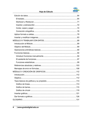 Hoja de Cálculo
Edición de datos...................................................................................................64
El teclado...........................................................................................................64
Deshacer y Restaurar.......................................................................................71
Insertar y sobreescribir......................................................................................72
Cortar, copiar y pegar........................................................................................74
Corrección ortográfica.......................................................................................76
Aplicar formato a celdas.......................................................................................79
Insertar y modificar imágenes..............................................................................83
MÓDULO IV TRABAJAR CON DATOS...................................................................89
Introducción al Módulo..........................................................................................89
Objetivo del Módulo..............................................................................................89
Operaciones aritméticas básicas..........................................................................90
Funciones básicas................................................................................................94
Introducir funciones manualmente....................................................................94
El asistente de funciones..................................................................................97
Funciones estadísticas......................................................................................99
Referencias absolutas y relativas.......................................................................103
Mensajes de error en fórmulas...........................................................................108
MÓDULO V CREACIÓN DE GRÁFICOS..............................................................112
Introducción.........................................................................................................112
Objetivo...............................................................................................................112
Tipos básicos de gráficos y su propósito............................................................113
Gráfico de líneas..............................................................................................113
Gráfico de barras.............................................................................................115
Gráfico de círculo ...........................................................................................119
Insertar gráficos..................................................................................................121
Dar formato a gráficos........................................................................................126
GLOSARIO............................................................................................................131
4 www.gradodigital.edu.sv
 