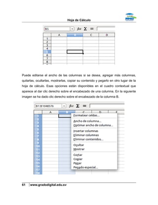 Hoja de Cálculo
Puede editarse el ancho de las columnas si se desea, agregar más columnas,
quitarlas, ocultarlas, mostrarlas, copiar su contenido y pegarlo en otro lugar de la
hoja de cálculo. Esas opciones están disponibles en el cuadro contextual que
aparece al dar clic derecho sobre el encabezado de una columna. En la siguiente
imagen se ha dado clic derecho sobre el encabezado de la columna B.
61 www.gradodigital.edu.sv
 