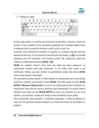 Hoja de Cálculo
2. Teclado en inglés
Si bien para ambos no cambian las posiciones de las letras, números y teclas de
función, si hay variantes en los caracteres especiales (en el teclado inglés) como
la ausencia de ñ y la posición de llaves, punto, punto y coma, etc.
Tomando como referencia el teclado en español, se muestran algunas técnicas
básicas de escritura. Si se presiona la primera letra del teclado, la [Q], en pantalla
aparecerá una “q” minúscula. Para escribir la letra “Q” mayúscula, habrá que
realizar la combinación de teclas [Shift] + [Q].
[Shift] (en español, “elevar”) sirve para que todas las letras aparezcan en
mayúsculas mientras ésta esté presionada. Si se suelta, todo vuelve a ser
minúsculas. Nótese que para facilitar la accesibilidad existen dos teclas [Shift],
una en cada extremo del teclado.
Es usual que se quiera escribir un texto extenso en mayúsculas, por lo que resulta
incómodo mantener presionada la tecla [Shift]. Para ello existe la tecla BLOQ
MAYÚS (Bloquear Mayúsculas), la cual al ser presionada activa la escritura en
mayúsculas hasta que se vuelve a presionar para desactivarla. El usuario deberá
identificar que cada vez que BLOQ MAYÚS se activa, se enciende una luz en el
teclado, cuya posición a veces varía según el tipo de teclado que se utiliza.
Para comprender cómo acceder a caracteres especiales, a modo de ejemplo se
hace uso del siguiente esquema basado en la tecla del número 2 del teclado en
español:
65 www.gradodigital.edu.sv
 