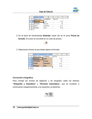 Hoja de Cálculo
2. En la barra de herramientas Estándar, hacer clic en el ícono Pincel de
formato. El cursor se convierte en un cubo de pintura.
3. Seleccionar el texto al que desee aplicar el formato.
Corrección ortográfica
Para corregir los errores de digitación y de ortografía, están los botones
“Ortografía y Gramática” y “Revisión Automática”, que se muestran a
continuación (respectivamente, a la izquierda y la derecha).
76 www.gradodigital.edu.sv
 