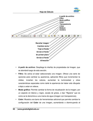 Hoja de Cálculo
• A partir de archivo: Despliega la interfaz de propiedades de Imagen, que
se abordará luego de esta sección.
• Filtro: Se activa al estar seleccionada una imagen. Ofrece una serie de
opciones para cambiar su apariencia, aplicando filtros que incrementan la
nitidez, invierten los colores, aumentan la luminosidad y otras
características especiales como darle la apariencia de haber sido dibujada
a lápiz o estar en relieve.
• Modo gráfico: Permite cambiar la forma de visualización de la imagen, por
un aspecto en blanco y negro, escala de grises, o tipo “filigrana” que es
como se le denomina a una marca de agua (imagen con transparencia).
• Color: Muestra una barra de herramientas adicional que permite cambiar la
configuración del Color de una imagen, aumentando o disminuyendo el
85 www.gradodigital.edu.sv
 