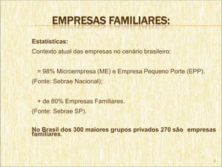 EMPRESAS FAMILIARES:
Estatísticas:
Contexto atual das empresas no cenário brasileiro:


 = 98% Microempresa (ME) e Empresa Pequeno Porte (EPP).
(Fonte: Sebrae Nacional);


 + de 80% Empresas Familiares.
(Fonte: Sebrae SP).

No Brasil dos 300 maiores grupos privados 270 são empresas
familiares.



                                                          6
 