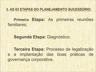 3. AS 03 ETAPAS DO PLANEJAMENTO SUCESSÓRIO:


   Primeira Etapa: As primeiras reuniões
familiares;

   Segunda Etapa: Diagnóstico;

   Terceira Etapa: Processo de legalização
e a implantação das boas práticas de
governança corporativa.

                                              24
 