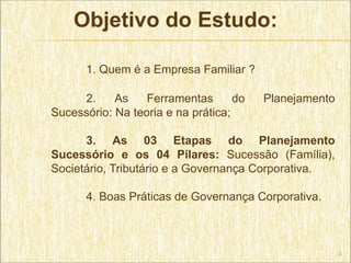 Objetivo do Estudo:

      1. Quem é a Empresa Familiar ?

     2.     As    Ferramentas       do   Planejamento
Sucessório: Na teoria e na prática;

      3. As 03 Etapas do Planejamento
Sucessório e os 04 Pilares: Sucessão (Família),
Societário, Tributário e a Governança Corporativa.

      4. Boas Práticas de Governança Corporativa.



                                                        3
 