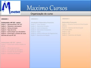Maximo Cursos
UNIDADE 2
Introdução à Matemática Financeira
Seção 1 – Juros Simples
Seção 2 – Descontos Simples
Seção 3 – Juros Compostos
Seção 4 – Descontos Compostos
Seção 5 – Taxas
Seção 6 – Séries Uniformes de Pagamentos
Seção 7 - Exercícios de fixação
UNIDADE 3
Matemática Financeira
Seção 1 –Sistema Francês de Amortização
(PRICE)
Seção 2 – Sistema de Amortização
constante (SAC)
Seção 3 –VPL
Seção 4 –TIR
Seção 5 – Exercícios de fixação
UNIDADE 1
Conhecendo a HP 12C – parte I
Seção 1 – Apresentando a HP 12C
Seção 2 – Testando a calculadora
Seção 3 – Teclas principais
Seção 4 – Tipos de erros
Seção 5 – Como limpar sua calculadora
Seção 6 – Como fixar o número de casas
decimais de sua HP 12C
Conhecendo a HP 12C – parte II
Seção 1 – Como fazer contas simples na
HP12C
Seção 2 – Pilhas Operacionais
Seção 3 – As funções de calendário
Seção 4 – Funções de porcentagem
Seção 5 – Exercícios de fixação
Organização do curso
 