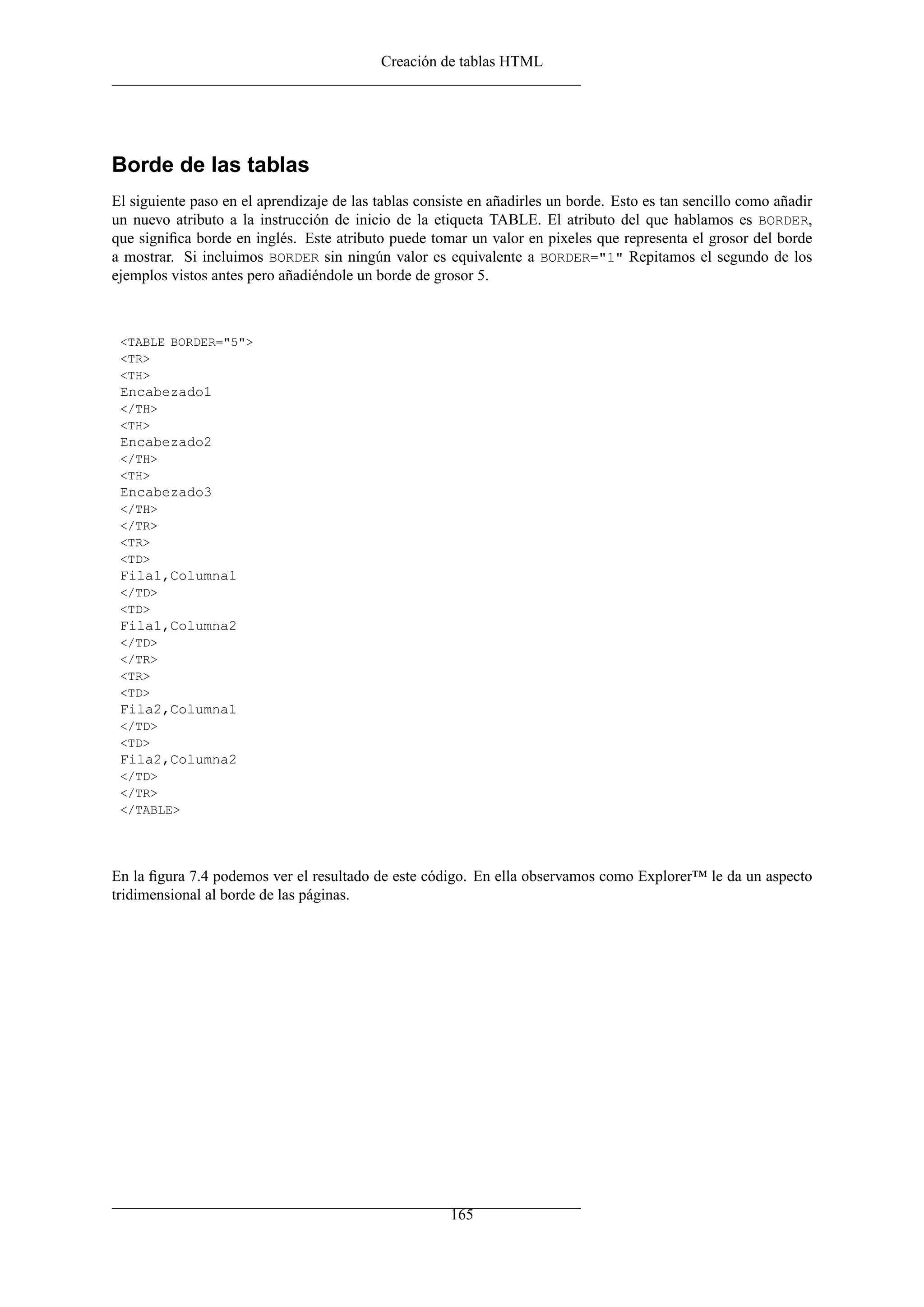Creación de tablas HTML
Borde de las tablas
El siguiente paso en el aprendizaje de las tablas consiste en añadirles un borde. Esto es tan sencillo como añadir
un nuevo atributo a la instrucción de inicio de la etiqueta TABLE. El atributo del que hablamos es BORDER,
que signiﬁca borde en inglés. Este atributo puede tomar un valor en pixeles que representa el grosor del borde
a mostrar. Si incluimos BORDER sin ningún valor es equivalente a BORDER="1" Repitamos el segundo de los
ejemplos vistos antes pero añadiéndole un borde de grosor 5.
<TABLE BORDER="5">
<TR>
<TH>
Encabezado1
</TH>
<TH>
Encabezado2
</TH>
<TH>
Encabezado3
</TH>
</TR>
<TR>
<TD>
Fila1,Columna1
</TD>
<TD>
Fila1,Columna2
</TD>
</TR>
<TR>
<TD>
Fila2,Columna1
</TD>
<TD>
Fila2,Columna2
</TD>
</TR>
</TABLE>
En la ﬁgura 7.4 podemos ver el resultado de este código. En ella observamos como Explorer™ le da un aspecto
tridimensional al borde de las páginas.
165
 