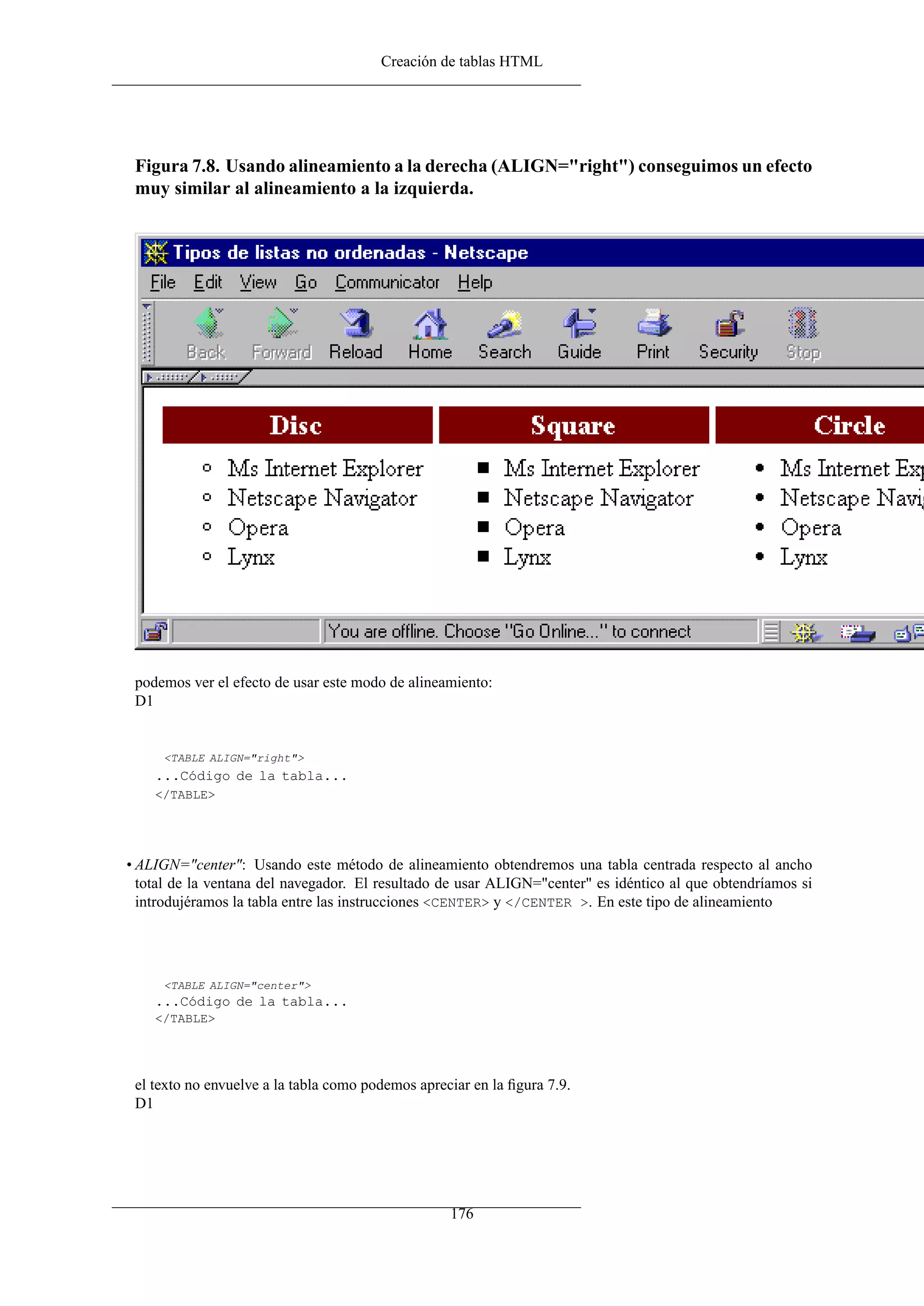 Creación de tablas HTML
Figura 7.8. Usando alineamiento a la derecha (ALIGN="right") conseguimos un efecto
muy similar al alineamiento a la izquierda.
podemos ver el efecto de usar este modo de alineamiento:
D1
<TABLE ALIGN="right">
...Código de la tabla...
</TABLE>
• ALIGN="center": Usando este método de alineamiento obtendremos una tabla centrada respecto al ancho
total de la ventana del navegador. El resultado de usar ALIGN="center" es idéntico al que obtendríamos si
introdujéramos la tabla entre las instrucciones <CENTER> y </CENTER >. En este tipo de alineamiento
<TABLE ALIGN="center">
...Código de la tabla...
</TABLE>
el texto no envuelve a la tabla como podemos apreciar en la ﬁgura 7.9.
D1
176
 
