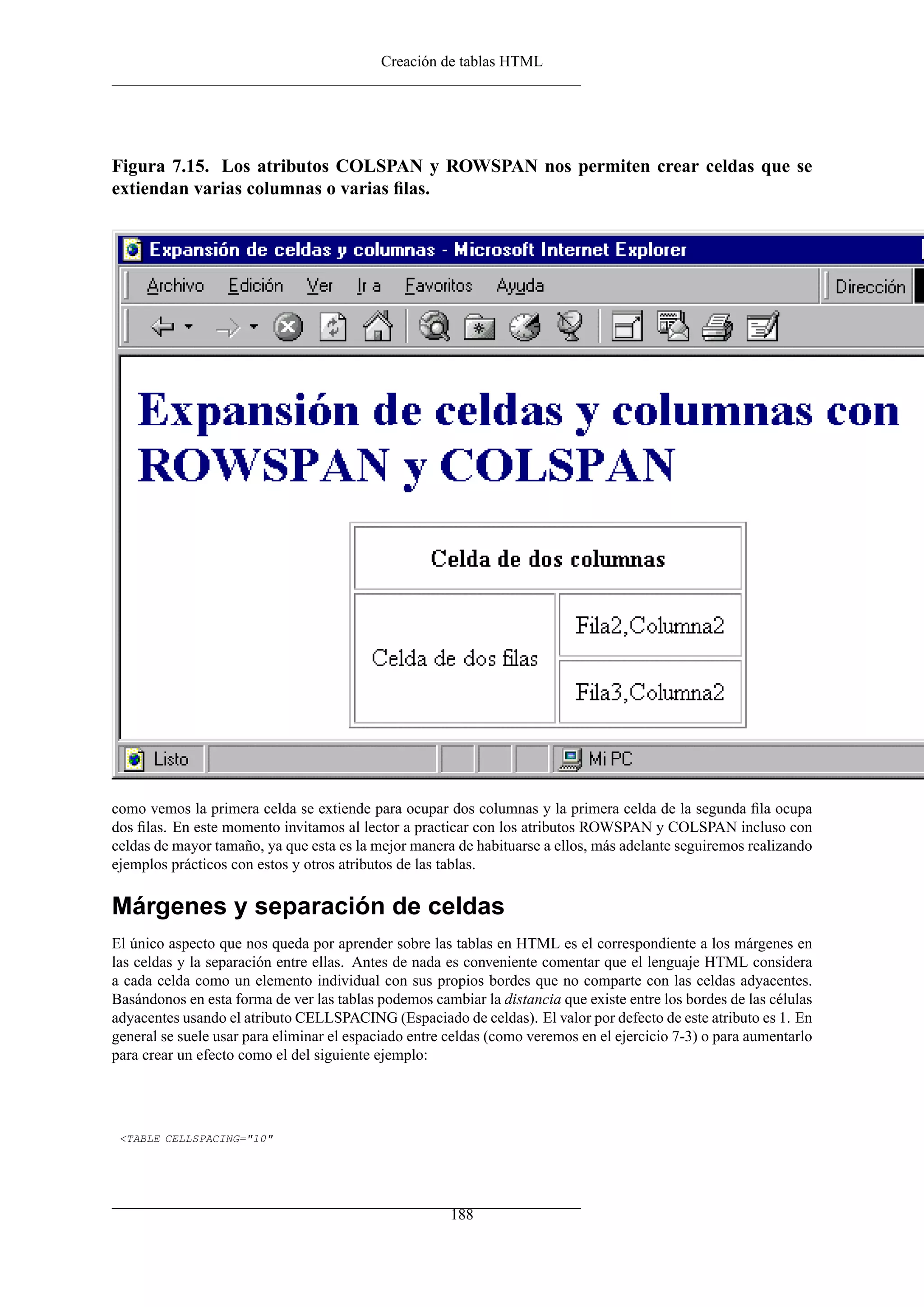 Creación de tablas HTML
Figura 7.15. Los atributos COLSPAN y ROWSPAN nos permiten crear celdas que se
extiendan varias columnas o varias ﬁlas.
como vemos la primera celda se extiende para ocupar dos columnas y la primera celda de la segunda ﬁla ocupa
dos ﬁlas. En este momento invitamos al lector a practicar con los atributos ROWSPAN y COLSPAN incluso con
celdas de mayor tamaño, ya que esta es la mejor manera de habituarse a ellos, más adelante seguiremos realizando
ejemplos prácticos con estos y otros atributos de las tablas.
Márgenes y separación de celdas
El único aspecto que nos queda por aprender sobre las tablas en HTML es el correspondiente a los márgenes en
las celdas y la separación entre ellas. Antes de nada es conveniente comentar que el lenguaje HTML considera
a cada celda como un elemento individual con sus propios bordes que no comparte con las celdas adyacentes.
Basándonos en esta forma de ver las tablas podemos cambiar la distancia que existe entre los bordes de las células
adyacentes usando el atributo CELLSPACING (Espaciado de celdas). El valor por defecto de este atributo es 1. En
general se suele usar para eliminar el espaciado entre celdas (como veremos en el ejercicio 7-3) o para aumentarlo
para crear un efecto como el del siguiente ejemplo:
<TABLE CELLSPACING="10"
188
 