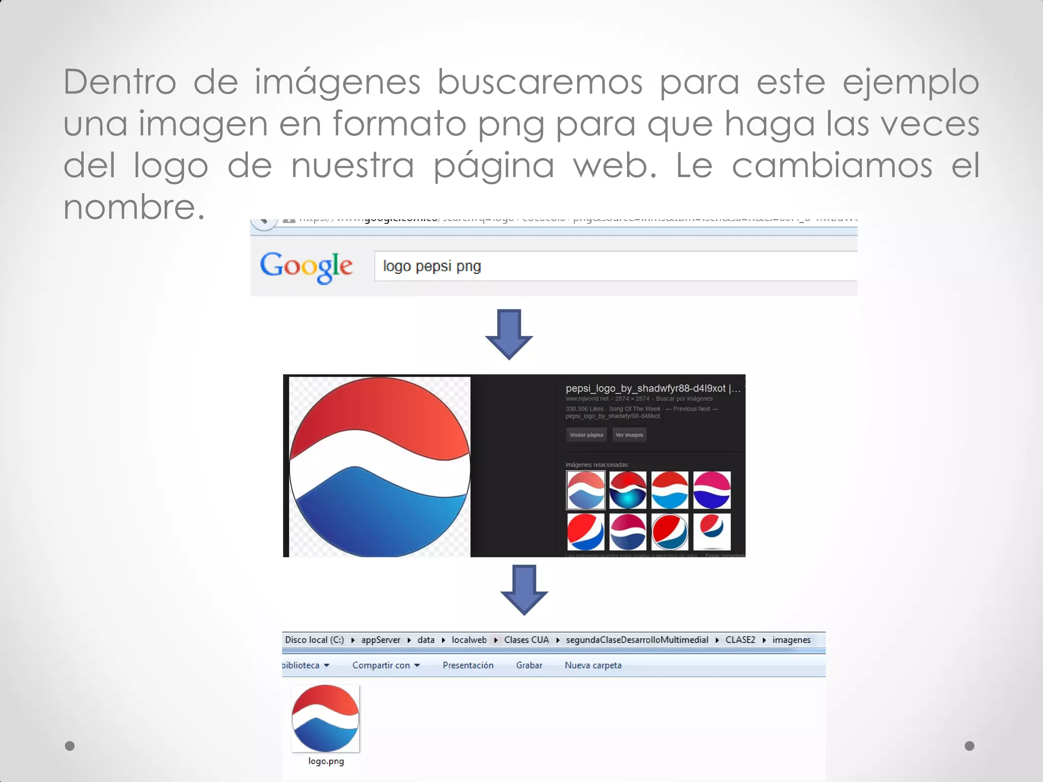 Dentro de imágenes buscaremos para este ejemplo una imagen en formato png para que haga las veces del logo de nuestra página web. Le cambiamos el nombre.  