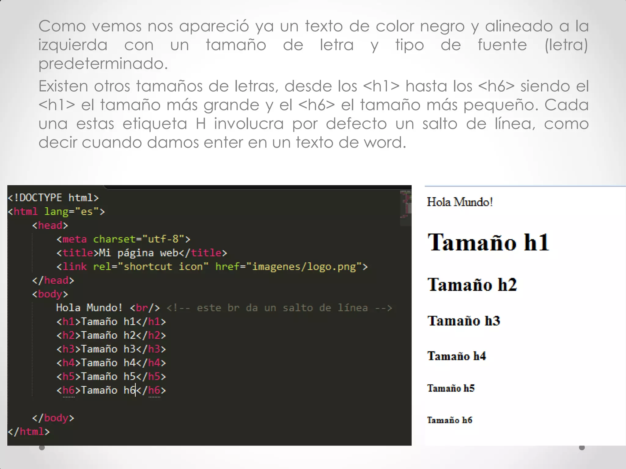 Como vemos nos apareció ya un texto de color negro y alineado a la izquierda con un tamaño de letra y tipo de fuente (letra) predeterminado. 
Existen otros tamaños de letras, desde los <h1> hasta los <h6> siendo el <h1> el tamaño más grande y el <h6> el tamaño más pequeño. Cada una estas etiqueta H involucra por defecto un salto de línea, como decir cuando damos enter en un texto de word.  