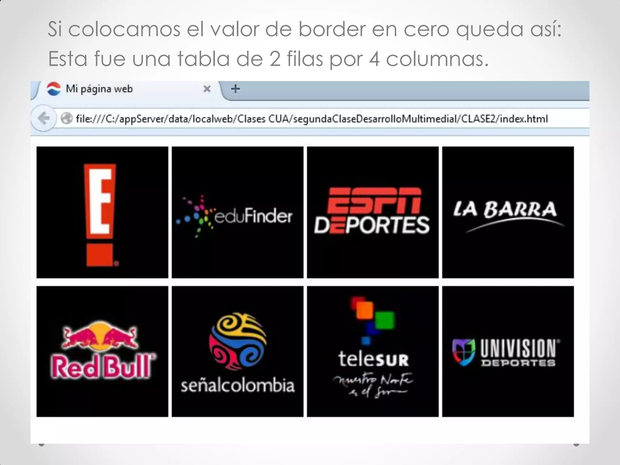 Si colocamos el valor de border en cero queda así: 
Esta fue una tabla de 2 filas por 4 columnas.  