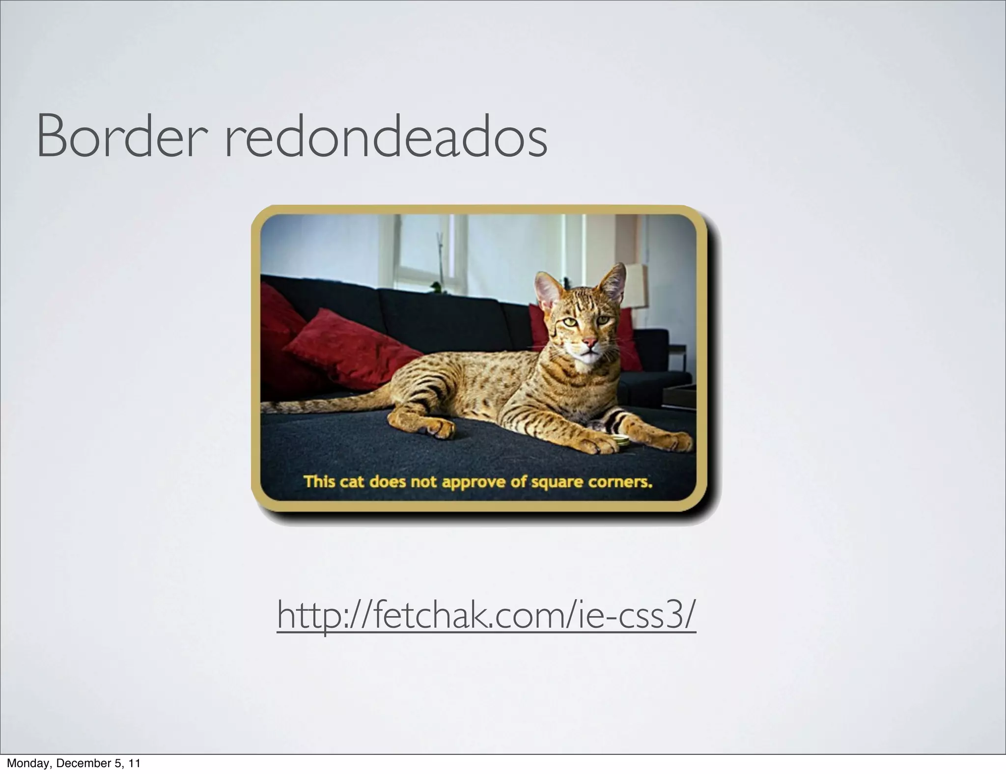 Border redondeados




                         http://fetchak.com/ie-css3/


Monday, December 5, 11
 