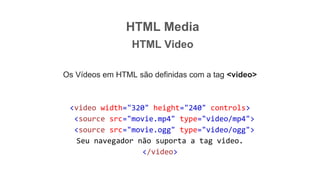 HTML Media
HTML Video
Os Vídeos em HTML são definidas com a tag <video>
<video width="320" height="240" controls>
<source src="movie.mp4" type="video/mp4">
<source src="movie.ogg" type="video/ogg">
Seu navegador não suporta a tag video.
</video>
 
