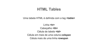 HTML Tables
Uma tabela HTML é definida com a tag <table>
Linha <tr>
Cabeçalho <th>
Célula de tabela <td>
Célula em mais de uma coluna colspan
Célula mais de uma linha rowspan
 