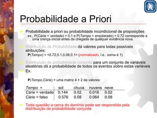 Probabilidade a Priori 
! Probabilidade a priori ou probabilidade incondicional de proposições 
ex., P(Cárie = verdade) = 0.1 e P(Tempo = ensolarado) = 0.72 corresponde a 
uma crença inicial antes da chegada de qualquer evidência nova. 
! Distribuição de Probabilidade dá valores para todas possíveis 
atribuições: 
P(Tempo) = <0.72,0.1,0.08,0.1> (normalizado, i.e., soma é 1) 
! Distribuição de probabilidade conjunta para um conjunto de variáveis 
aleatórias dá a probabilidade de todos os eventos sobre estas variáveis 
! Ex. 
P(Tempo,Cárie) = uma matriz 4 × 2 de valores: 
Tempo = sol chuva nuvens neve 
Cárie = verdade 0.144 0.02 0.016 0.02 
Cárie = falso 0.576 0.08 0.064 0.08 
! Toda questão a cerca do domínio pode ser respondida pela 
distribuição de probabilidade conjunta 
 