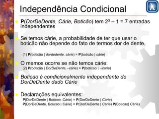 Independência Condicional 
! P(DorDeDente, Cárie, Boticão) tem 23 – 1 = 7 entradas 
independentes 
! Se temos cárie, a probabilidade de ter que usar o 
boticão não depende do fato de termos dor de dente. 
(1) P(boticão | dordedente, cárie) = P(boticão | cárie) 
! O memos ocorre se não temos cárie: 
(2) P(boticão | DorDeDente,¬cárie) = P(boticao | ¬cárie) 
! Boticao é condicionalmente independente de 
DorDeDente dado Cárie 
! Declarações equivalentes: 
P(DorDeDente | Boticao, Cárie) = P(DorDeDente | Cárie) 
P(DorDeDente, Boticao | Cárie) = P(DorDeDente | Cárie) P(Boticao| Cárie) 
 