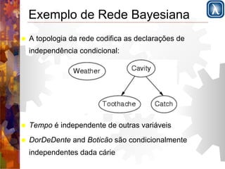 Exemplo de Rede Bayesiana 
! A topologia da rede codifica as declarações de 
independência condicional: 
! Tempo é independente de outras variáveis 
! DorDeDente and Boticão são condicionalmente 
independentes dada cárie 
 