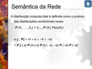 Semântica da Rede 
A distribuição conjunta total é definida como o produto 
das distribuições condicionais locais 
P (X1, … ,Xn) = πi = 1 P (Xi | Pais(Xi)) 
e.g., P(j ∧ m ∧ a ∧ ¬b ∧ ¬e) 
= P (j | a) P (m | a) P (a | ¬b, ¬e) P (¬b) P (¬e) 
 