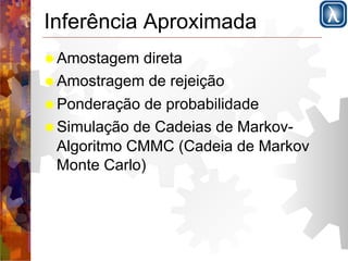 Inferência Aproximada 
! Amostagem direta 
! Amostragem de rejeição 
! Ponderação de probabilidade 
! Simulação de Cadeias de Markov- 
Algoritmo CMMC (Cadeia de Markov 
Monte Carlo) 
 