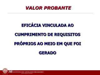 VALOR PROBANTE EFICÁCIA VINCULADA AO CUMPRIMENTO DE REQUISITOS PRÓPRIOS AO MEIO EM QUE FOI   GERADO 