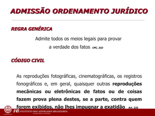 ADMISSÃO ORDENAMENTO JURÍDICO   REGRA GENÉRICA Admite todos os meios legais para provar a verdade dos fatos   CPC, 332  CÓDIGO CIVIL   As reproduções fotográficas, cinematográficas, os registros fonográficos e, em geral, quaisquer outras  reproduções mecânicas ou eletrônicas de fatos ou de coisas fazem prova plena destes, se a parte, contra quem forem exibidos, não lhes impugnar a exatidão   Art. 225 