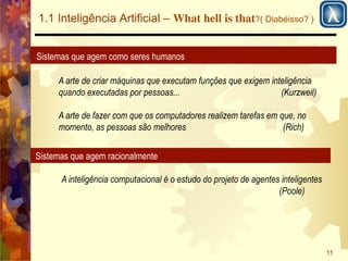 11 
1.1 Inteligência Artificial – What hell is that?( Diabéisso? ) 
Sistemas que agem como seres humanos 
A arte de criar máquinas que executam funções que exigem inteligência 
quando executadas por pessoas... (Kurzweil) 
A arte de fazer com que os computadores realizem tarefas em que, no 
momento, as pessoas são melhores (Rich) 
Sistemas que agem racionalmente 
A inteligência computacional é o estudo do projeto de agentes inteligentes 
(Poole) 
 