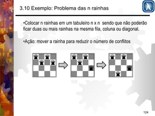 124 
3.10 Exemplo: Problema das n rainhas 
• Colocar n rainhas em um tabuleiro n x n sendo que não poderão 
ficar duas ou mais rainhas na mesma fila, coluna ou diagonal. 
• Ação: mover a rainha para reduzir o número de conflitos 
 