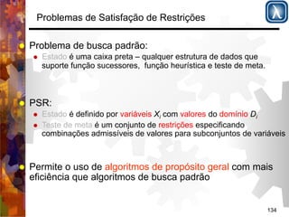 134 
Problemas de Satisfação de Restrições 
% Problema de busca padrão: 
% Estado é uma caixa preta – qualquer estrutura de dados que 
suporte função sucessores, função heurística e teste de meta. 
% PSR: 
% Estado é definido por variáveis Xi com valores do domínio Di 
% Teste de meta é um conjunto de restrições especificando 
combinações admissíveis de valores para subconjuntos de variáveis 
% Permite o uso de algoritmos de propósito geral com mais 
eficiência que algoritmos de busca padrão 
 