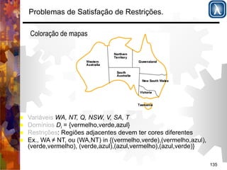 135 
Problemas de Satisfação de Restrições. 
Coloração de mapas 
% Variáveis WA, NT, Q, NSW, V, SA, T 
% Domínios Di = {vermelho,verde,azul} 
% Restrições: Regiões adjacentes devem ter cores diferentes 
% Ex., WA ≠ NT, ou (WA,NT) in {(vermelho,verde),(vermelho,azul), 
(verde,vermelho), (verde,azul),(azul,vermelho),(azul,verde)} 
 