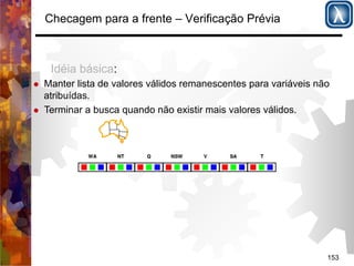 153 
Checagem para a frente – Verificação Prévia 
Idéia básica: 
% Manter lista de valores válidos remanescentes para variáveis não 
atribuídas. 
% Terminar a busca quando não existir mais valores válidos. 
 