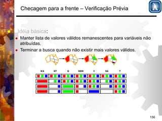 156 
Checagem para a frente – Verificação Prévia 
% Idéia básica: 
% Manter lista de valores válidos remanescentes para variáveis não 
atribuídas. 
% Terminar a busca quando não existir mais valores válidos. 
 