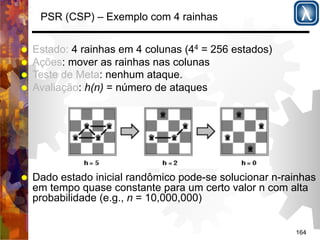 164 
PSR (CSP) – Exemplo com 4 rainhas 
% Estado: 4 rainhas em 4 colunas (44 = 256 estados) 
% Ações: mover as rainhas nas colunas 
% Teste de Meta: nenhum ataque. 
% Avaliação: h(n) = número de ataques 
% Dado estado inicial randômico pode-se solucionar n-rainhas 
em tempo quase constante para um certo valor n com alta 
probabilidade (e.g., n = 10,000,000) 
 