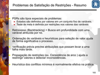 165 
Problemas de Satisfação de Restrições - Resumo 
% PSRs são tipos especiais de problemas: 
% Estados são definidos por valores em um conjunto fixo de variáveis. 
% Teste de meta é definida por restrições nos valores das variáveis 
% Retrocesso (Backtracking) = Busca em profundidade com uma 
variável atribuída por nó. 
% Ordenação de variáveis e heurísticas para seleção de valor ajuda 
de forma significativa o processo. 
% Verificação prévia previne atribuições que possam levar a uma 
falha mais tarde. 
% Propagação de restrições (ex. Consistência de arco ) ajuda a 
restringir valores e detectar inconsistências. 
% Heurística dos conflitos mínimos é normalmente efetiva na prática. 
 