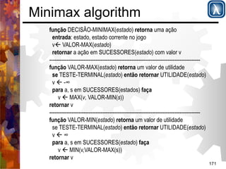 171 
Minimax algorithm 
função DECISÃO-MINIMAX(estado) retorna uma ação 
entrada: estado, estado corrente no jogo 
v' VALOR-MAX(estado) 
retornar a ação em SUCESSORES(estado) com valor v 
---------------------------------------------------------------------------------------- 
função VALOR-MAX(estado) retorna um valor de utilidade 
se TESTE-TERMINAL(estado) então retornar UTILIDADE(estado) 
v ' -∞ 
para a, s em SUCESSORES(estados) faça 
v ' MAX(v, VALOR-MIN(s)) 
retornar v 
---------------------------------------------------------------------------------------- 
função VALOR-MIN(estado) retorna um valor de utilidade 
se TESTE-TERMINAL(estado) então retornar UTILIDADE(estado) 
v ' ∞ 
para a, s em SUCESSORES(estado) faça 
v ' MIN(v,VALOR-MAX(s)) 
retornar v 
 