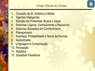 2 
Visão Geral do Curso 
1. Conceito de IA, Histórico e Metas 
2. Agentes Inteligentes 
3. Solução de Problemas, Busca e Jogos 
4. Sistemas Lógicos, Conhecimento e Raciocínio 
5. Sistemas Baseados em Conhecimento. 
6. Planejamento 
7. Incerteza, Probabilidade e Teoria da Decisão 
8. Aprendizado 
9. Linguagem e Comunicação 
10. Percepção 
11. Robótica 
12. Questões Filosóficas 
 