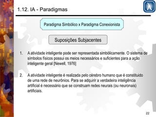 22 
1.12. IA - Paradigmas 
Paradigma Simbólico x Paradigma Conexionista 
Suposições Subjacentes 
1. A atividade inteligente pode ser representada simbólicamente. O sistema de 
símbolos físicos possui os meios necessários e suficientes para a ação 
inteligente geral [Newell, 1976] 
2. A atividade inteligente é realizada pelo cérebro humano que é constituido 
de uma rede de neurônios. Para se adquirir a verdadeira inteligência 
artificial é necessário que se construam redes neurais (ou neuronais) 
artificiais. 
 