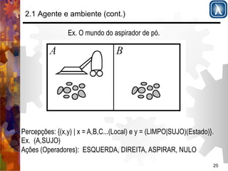 25 
2.1 Agente e ambiente (cont.) 
Ex. O mundo do aspirador de pó. 
Percepções: {(x,y) | x = A,B,C...(Local) e y = (LIMPO|SUJO)(Estado)}. 
Ex. (A,SUJO) 
Ações (Operadores): ESQUERDA, DIREITA, ASPIRAR, NULO 
 