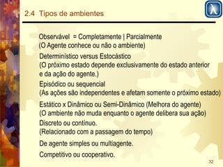 Observável = Completamente | Parcialmente 
(O Agente conhece ou não o ambiente) 
Determinístico versus Estocástico 
(O próximo estado depende exclusivamente do estado anterior 
e da ação do agente.) 
Episódico ou sequencial 
(As ações são independentes e afetam somente o próximo estado) 
Estático x Dinâmico ou Semi-Dinâmico (Melhora do agente) 
(O ambiente não muda enquanto o agente delibera sua ação) 
Discreto ou contínuo. 
(Relacionado com a passagem do tempo) 
32 
2.4 Tipos de ambientes 
De agente simples ou multiagente. 
Competitivo ou cooperativo. 
 