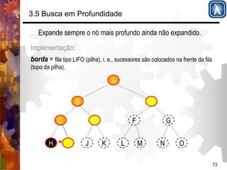 73 
3.5 Busca em Profundidade 
Expande sempre o nó mais profundo ainda não expandido. 
Implementação: 
borda = fila tipo LIFO (pilha), i. e., sucessores são colocados na frente da fila 
(topo da pilha). 
A 
B 
D E 
C 
F G 
H I J K L M N O 
 